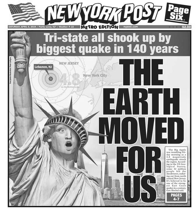 Tri-Shake quake update: We love the way the New York POST commemorated the event
